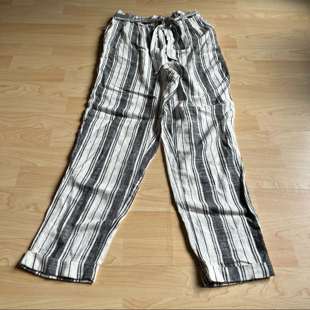 Urbanology Luxury Linen Collection Stripes Pants Straight Leg Belt Pocket Small